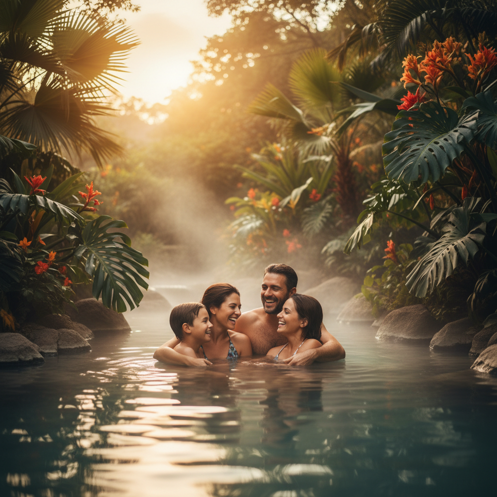 Cinematic editorial image, wide shot, a family of four, two adults and two children, embracing and laughing warmly in a lush natural hot springs pool, surrounded by vibrant tropical foliage. The setting sun casts a golden, soft glow on their faces and the water. Focus on genuine connection and relaxed joy. Warm and natural color palette. No text, subtle steam rising from the water.