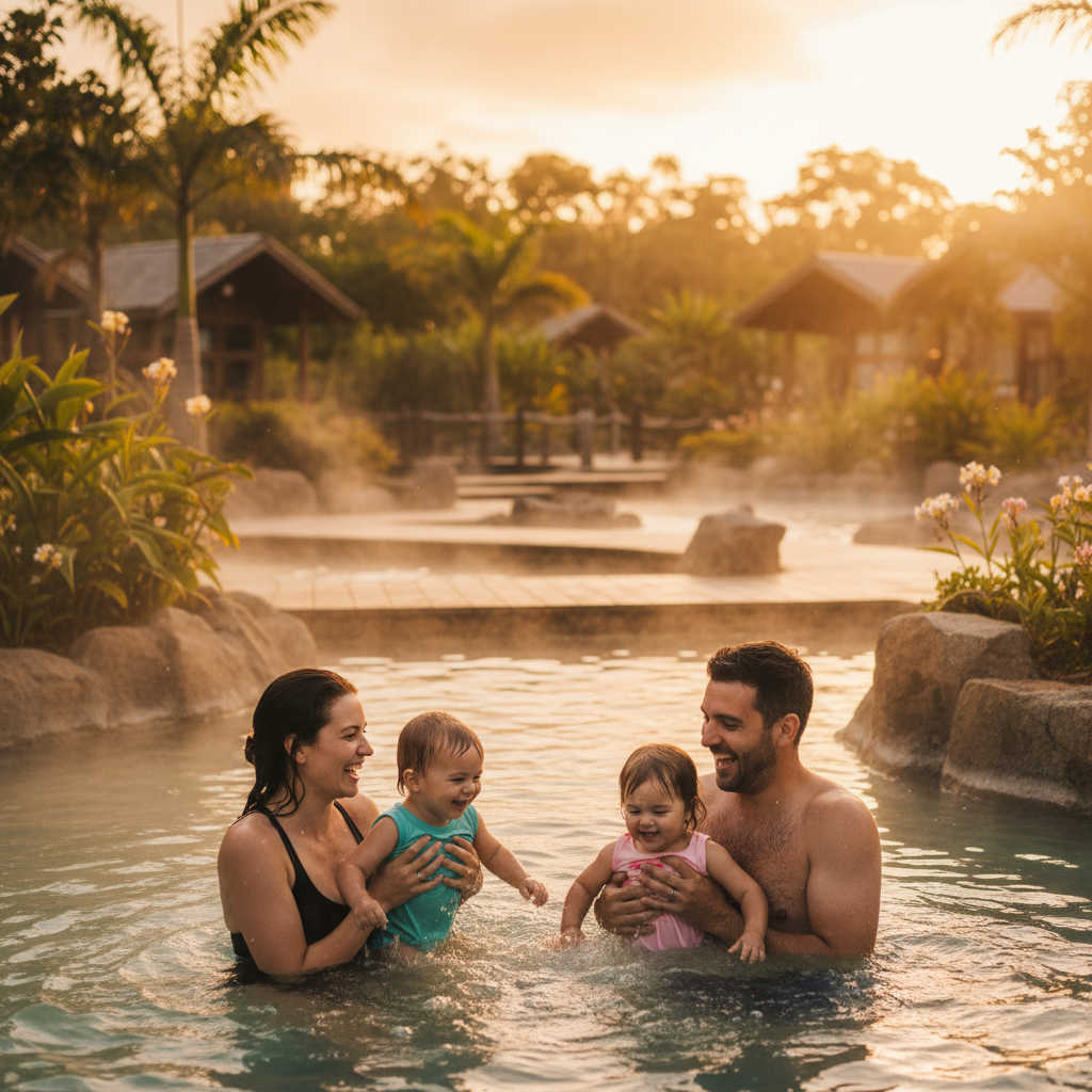 Cinematic shot of a happy family enjoying a geothermal pool at a lush resort, warm natural lighting, golden hour, no text, warm and natural color palette