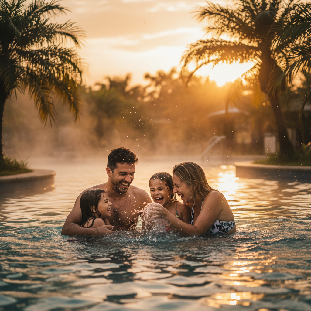 Cinematic editorial photo, warm and natural palette, no text, happy family parents and children laughing and playing in thermal pool at Rio Quente Resorts, sunset glow, tropical plants, focus on genuine emotional interaction.