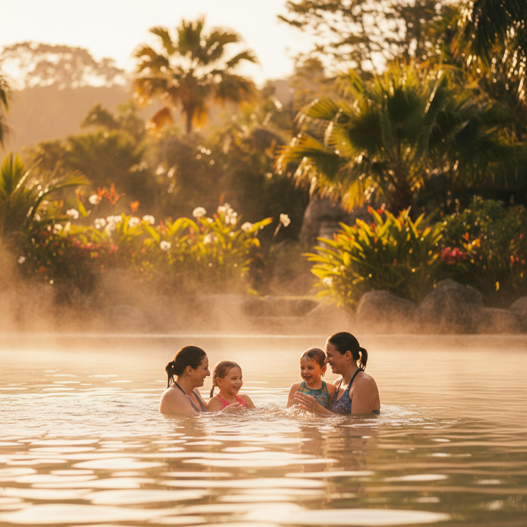 Cinematic editorial shot of a joyful family, parents and two children, swimming and relaxing in the warm thermal pools of Rio Quente Resorts, lush tropical foliage and palm trees in background, soft golden hour lighting, no text, warm and natural color palette, sense of peace and happiness.